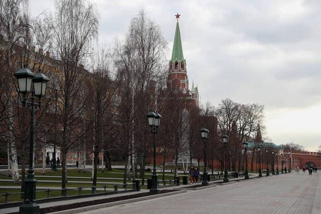 MOSCOW, RUSSIA - MARCH 21, 2020: The half empty Alexander Garden near the Kremlin in central Moscow. As of 21 March 2020, Russia has confirmed more than 250 cases of the novel coronavirus, with more than 130 cases in Moscow. Sergei Savostyanov TASS  TS0D3008