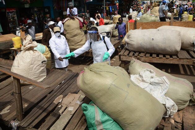 March 20, 2020, Nairobi, Kenya: A public health officer fumigates part of Gikomba market in Nairobi as a preventive measure against covid-19..The Kenyan government has banned all public gatherings activities, rallies and crusades. Places of worship are allowed to hold prayers provided they have hand sanitizers. Kenya has so far reported only seven cases of coronavirus. Nairobi Kenya - ZUMAs197 20200320_zaa_s197_265 Copyright: xDennisxSigwex