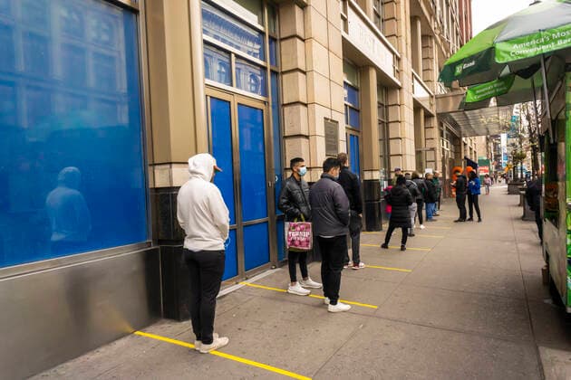 New York during the COVID-19 pandemic Line of customers outside of Best Buy in Chelsea in New York as the store limits the amount of shoppers inside because of the COVID-19 pandemic, seen on Saturday, March 21, 2020. (  RichardxB.xLevine