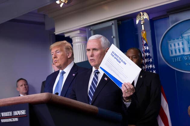 March 21, 2020, Washington, District of Columbia, USA: United States President Donald J. Trump, left looks on as US Vice President Mike Pence makes remarks on the Coronavirus crisis in the Brady Press Briefing Room of the White House in Washington, DC on Saturday, March 21, 2020 Washington USA - ZUMAs152 20200321_zaa_s152_008 Copyright: xStefanixReynoldsx