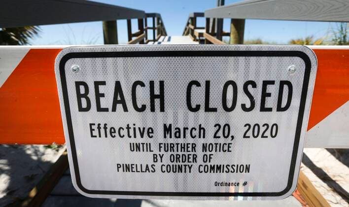March 21, 2020, Pass-A-Grille, Florida, USA: The beach closed sign and barricade at the beach access walkover at 16th Ave and Gulf Way on Saturday, March 21, 2020 at Pass-a-Grille. Pinellas County beaches are now closed. Pinellas County announced that all public beaches closed starting onSaturday. Pass-A-Grille USA - ZUMAs70_ 20200321_zan_s70_011 Copyright: xDirkxShaddx