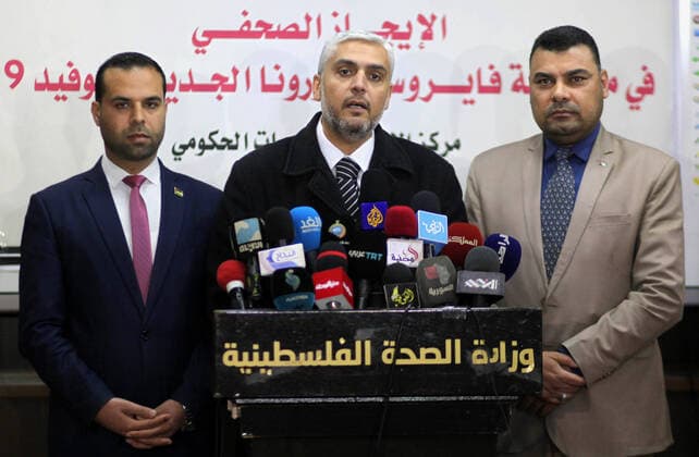 March 21, 2020, Gaza City, Gaza Strip, Palestinian Territory: Head of the government media office, Salama Maarouf, speaks during a press conference about the coronavirus, in Gaza city, on March 21, 2020 Gaza City Palestinian Territory - ZUMAap3_ 20200321_zaf_ap3_040 Copyright: xMahmoudxAjjourx