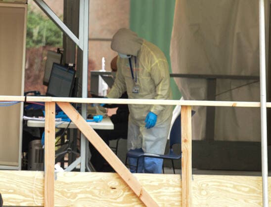 March 21, 2020, New York Manhattan, USA: Doctor working inside the Coronavirus test center at Bellvule Hospital . NYC coronavirus cases continue to grow with 5,683 infected, 43 dead. 03 21 20 New York Manhattan Bellvule Hospital 1AV and 19ST. . New York Manhattan USA - ZUMAs252 20200321_znp_s252_001 Copyright: xMarcusxSantosx