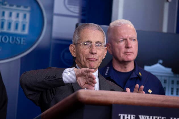 March 21, 2020, Washington, District of Columbia, USA: Director of the National Institute of Allergy and Infectious Diseases at the National Institutes of Health Dr. Anthony Fauci makes remarks on the Coronavirus crisis in the Brady Press Briefing Room of the White House in Washington, DC on Saturday, March 21, 2020. Looking on at right is Admiral Brett Giroir, United States Assistant Secretary for Health Washington USA - ZUMAs152 20200321_zaa_s152_019 Copyright: xStefanixReynoldsx