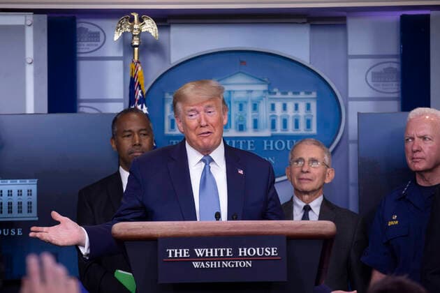 March 21, 2020, Washington, District of Columbia, USA: United States President Donald J. Trump makes remarks on the Coronavirus crisis in the Brady Press Briefing Room of the White House in Washington, DC on Saturday, March 21, 2020. Standing behind the President, from left to right: US Secretary of Housing and Urban Development (HUD) Ben Carson; Director of the National Institute of Allergy and Infectious Diseases at the National Institutes of Health Dr. Anthony Fauci; and Admiral Brett Giroir, US Assistant Secretary for Health Washington USA - ZUMAs152 20200321_zaa_s152_031 Copyright: xStefanixReynoldsx