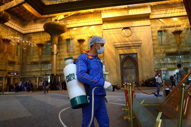 (200321) -- CAIRO, March 21, 2020 (Xinhua) -- A man sprays disinfectant at Ramses railway station in Cairo, Egypt, on March 21, 2020. Egypt announced on Saturday two more deaths from COVID-19 and nine new cases of infection, bringing the total number of confirmed cases to 294 in the country. (Photo by Ahmed Gomaa Xinhua) EGYPT-CAIRO-COVID-19-MEASURES 