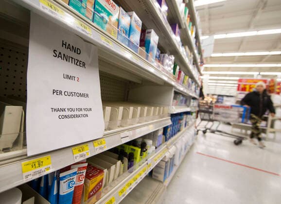 (200322) -- TORONTO, March 22, 2020 -- Empty shelves of hand sanitizer are seen at a pharmacy in Toronto, Canada, March 21, 2020. With shortages of many items like face masks, surgical gowns, protective eye-wear and hand sanitizers, Canada s Ontario Provincial Premier Doug Ford appealed to the province s manufacturing sector to help produce key medical supplies on Saturday. (Photo by Xinhua) CANADA-TORONTO-COVID-19-MEDICAL SUPPLIES-SHORTAGE ZouxZheng 