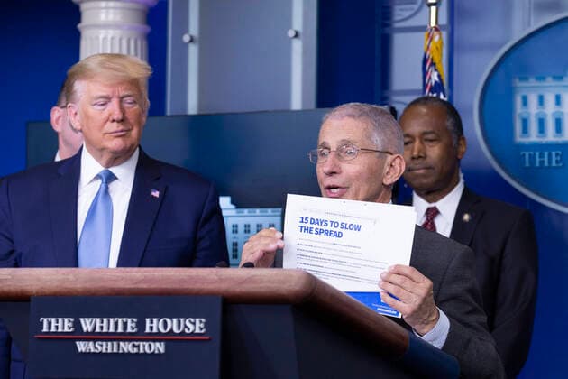 Director of the National Institute of Allergy and Infectious Diseases at the National Institutes of Health Dr. Anthony Fauci, joined by United States President Donald J. Trump and members of the Coronavirus Task Force, makes remarks on the Coronavirus crisis in the Brady Press Briefing Room of the White House in Washington, DC on Saturday, March 21, 2020. Copyright: xStefanixReynoldsx