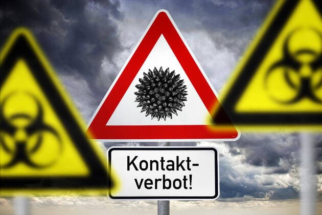 FOTOMONTAGE, BiogefÃ¤hrdungsschilder und Gefahrenzeichen mit der Aufschrift Kontaktverbot, Symbolfoto Coronavirus
