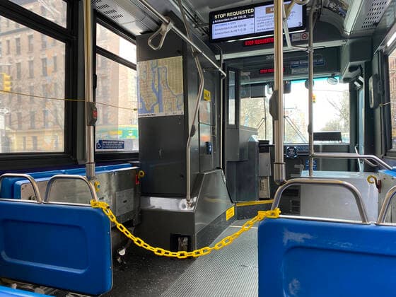 NEW YORK, NY - MARCH 22: Front sections of New York Transit buses cordoned off as riders can enter for free from rear to protect drivers from COVID -19 the coronavirus in New York City on March 22, 2020. Copyright: xRainmakerxPhotosx