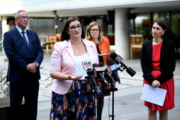 GLADYS BEREJIKLIAN CORONAVIRUS PRESSER, NSW Premier Gladys Berejiklian (right) NSW Minister for Health Brad Hazzard (left) and NSW Minister for Education Sarah Mitchell speak to the media in Sydney, Monday, March 23, 2020. The state of NSW is shutting down all non-essential services to slow the rapidly spreading coronavirus but schools will stay open for now. ( NO ARCHIVING, EDITORIAL USE ONLY, NO USE IN BOOKS WITHOUT CONSENT SYDNEY NSW AUSTRALIA  Copyright: xJOELxCARRETTx 20200323001458832824