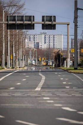 Sonntag Nachmittag Tag 2 nach Erlass der städtischen Allgemeinverfügung mit Ausgangsbeschränkungen in Dresden aufgrund des neuartigen Coronavirus. Grunaer Straße mit Blick vom Pirnaischer Platz Richtung Straßburger Platz. 22.03.2020, Dresden, Deutschland, Altstadt, Dresden