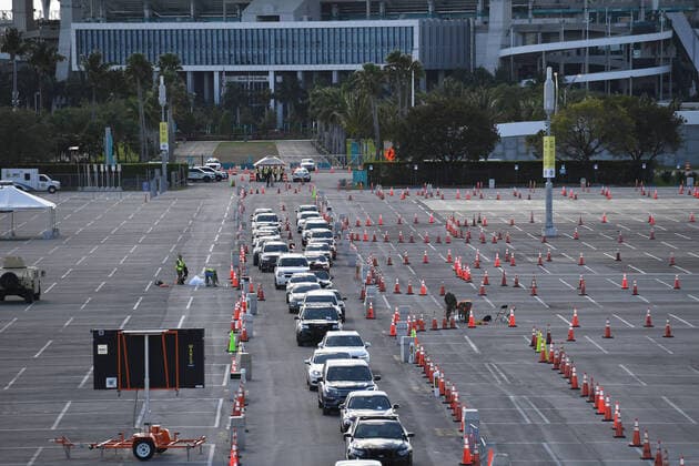 MIAMI GARDENS, FL - MARCH 22: A general view as Corona Virus (COVID-19) testing started today, the facility is set up to test people 65 and older in the parking lot of Hard Rock Stadium on March 22, 2020 in Miami Gardens, Florida. Copyright: xmpi04x