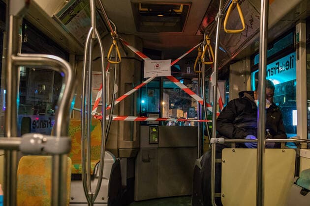 (200323) -- PARIS, March 23, 2020 (Xinhua) -- Protective measures for bus drivers are seen on a bus in Paris, France, March 22, 2020. The number of confirmed coronavirus cases in France has risen by 1,559 within a day to 16,018, while the death toll increased by 112 to 674 in total, Health General Director Jerome Salomon said on Sunday. (Photo by Aurelien Morissard Xinhua) FRANCE-PARIS-COVID-19 