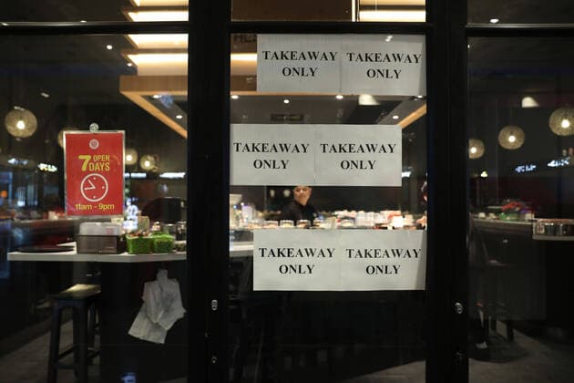 (200323) -- CANBERRA, March 23, 2020 -- Photo taken on March 23, 2020 shows a restaurant only providing takeaway service in Canberra, Australia. Non-essential venues across Australia have been ordered to close from midday on Monday in order to slow the spread of COVID-19. Prime Minister Scott Morrison on Sunday night announced an escalation of social distancing measures, including the mandatory closure of cinemas, pubs, entertainment venues, indoor sporting venues and so on. Restaurants and cafes will remain open but will only be allowed to offer takeaway and or home delivery services. (Photo by Xinhua) AUSTRALIA-CANBERRA-COVID-19-SOCIAL DISTANCING MEASURES ChuxChen 