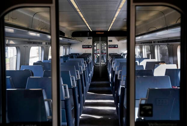 Tomt IC-tog, mandag den 23. marts 2020. Langt faerre passagerer koerer med togene paa grund af coronavirus-pandemien, derfor begynder DSB fra mandag at koere efter en reduceret koereplan. . , Copenhagen Denmark