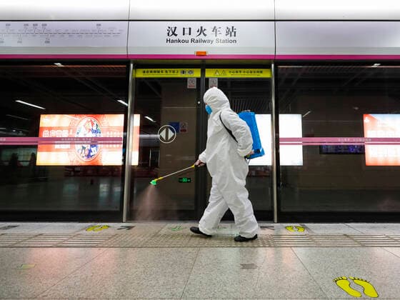 (200323) -- WUHAN, March 23, 2020 -- A staff conducts disinfection on the platform of the subway station of Hankou Railway Station in Wuhan, central China s Hubei Province, March 23, 2020. Wuhan is making preparations for restoring the operation of public transportation. The public need to go through real-name registration for taking public transportation or taxis in Wuhan, capital of central China s Hubei Province, authorities said Sunday. ) CHINA-HUBEI-WUHAN-PUBLIC TRANSPORTATION SYSTEM-PREPARATION-OPERATION RESTORATION (CN) ShenxBohan 