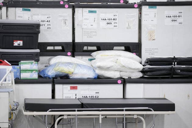 A portable hospital bed and medical supplies are on display at the Jacob Javits Convention Center before Gov. Andrew Cuomo speaks with the National Guard on site in New York City on Monday, March 23, 2020. The Javits Center is setting up to be turned into field hospitals to test and possibly treat cases of COVID-19 infections. New York state now accounts for about 1 percent of the coronavirus-related deaths in the world and New York City has more than 12,300 of those cases.  NYP20200323115 JOHNxANGELILLO