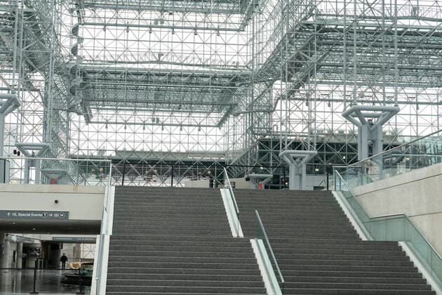 Governor Andrew Cuomo tours Jacob Javits Center Interior of empty Jacob Javits Convention Center where military sets hospitals to help fight coronavirus cases New York New York United States Copyright: LevxRadin