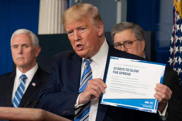United States President Donald J. Trump holds a chart as he makes remarks as he participates in a news briefing by members of the Coronavirus Task Force in the Brady Press Briefing Room at the White House in Washington, DC on Monday, March 23, 2020. At left is US Vice President Mike Pence. Copyright: xChrisxKleponisx