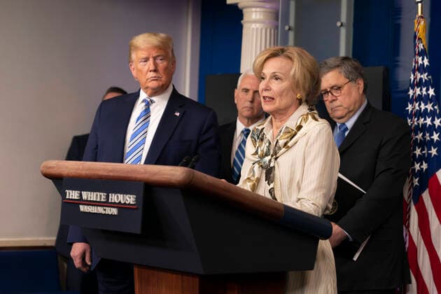 United States President Donald J. Trump, left, listens as Dr. Deborah L. Birx, White House Coronavirus Response Coordinator, right center, speaks during a news briefing by members of the Coronavirus Task Force at the White House in Washington, DC on Monday, March 23, 2020. At left center is US Vice President Mike Pence and at right is US Attorney General William P. Barr. Copyright: xChrisxKleponisx