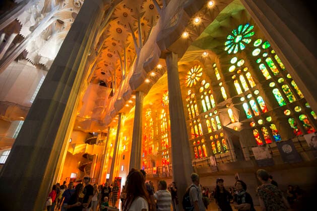 The colored Stained Glass with shapes projecting the sunlight inside the Sagrada Familia, Barcelona, Spain. Barcelona Sagrada Familia Catalonia Spain Copyright: xRobertoxLopezx RLO-1041