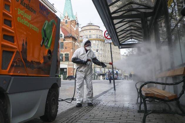 Disifection of the bus stops in Krakow Disifection of the bus stops due to the coronavirus outbreak on Merch 23, 2020 in Krakow, Poland EN_01421476_0014 
