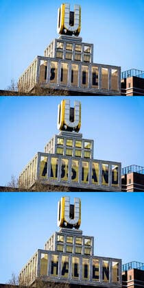 Dortmund, 24.3.2020: Aufforderung zum Abstand halten erscheint auf den fliegenden Bilder auf dem Dortmunder U, dem Wahrzeichen Dortmunds, Lichtinstallation des Dortmunder Regisseurs und Künstlers Adolf Winkelmann