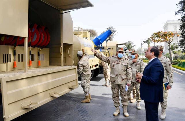 March 24, 2020, Cairo, Cairo, Egypt: Egyptian President Abdel Fattah el-Sisi, inspect samples of disinfection and sterilization devices and equipment developed in cooperation with the Ministry of State for Military Production, in Cairo, Egypt on March 24, 2020 Cairo Egypt - ZUMAap3_ 20200324_zaf_ap3_055 Copyright: xEgyptianxPresidentxOfficex