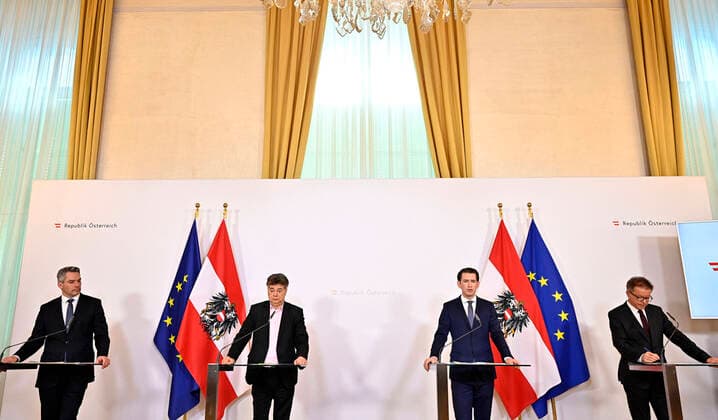 Wien 24.03.2020, Bundeskanzleramt, Wien, AUT, Coronaviruskrise, Oesterreich, Pressekonferenz, Aktuelles zum Coronavirus, im Bild (v.l.), Innenminister Karl Nehammer (OeVP), Vizekanzler Werner Kogler (Gruene), Bundeskanzler Sebastian Kurz (OeVP), Gesundheitsminister Rudolf Anschober (Gruene) during a press conference of Austrian Goverment about the Coronavirus Pandemie at the Bundeskanzleramt in Wien, Austria on 2020 03 24.