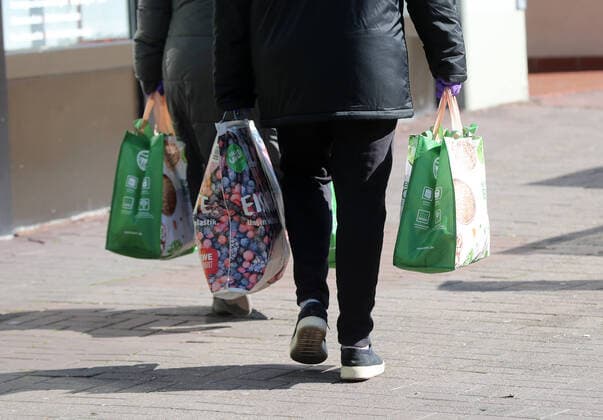 Mensdchen mit Einkaufstaschen, lilafarbene Schutzhandschuhe werden getragen Wolfenbuettel