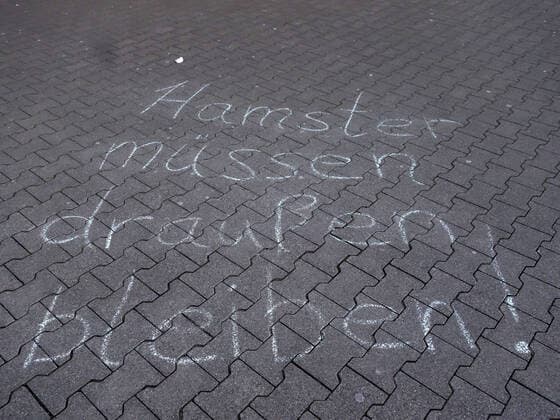 News Bilder des Tages 24.03. 2020 Dortmund, NRW Die Coronakrise verschärft sich. Die Bundes- und Landesregierungen erlassen umfasssenden Richtlinien. In allen Lebensbereichen erleben auch die Dortmunder Bürger starke Einschränkungen.. Mit Kreide hat jemand Hamster vmüssen draußen bleiben ! auf die Pflastersteine vor einem Aldi geschrieben.