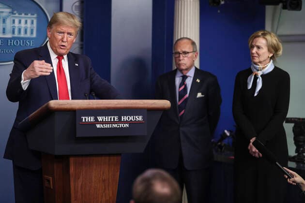 March 25, 2020, Washington, District of Columbia, USA: United States President Donald J. Trump speaks during a press conference with members of the coronavirus task force in the Brady Press Briefing Room of the White House on March 24, 2020 in Washington, DC. At center is Director of the National Economic Council Larry Kudlow; and at right is Dr. Deborah L. Birx, White House Coronavirus Response Coordinator Washington USA - ZUMAs152 20200325_zaa_s152_028 Copyright: xOliverxContrerasx