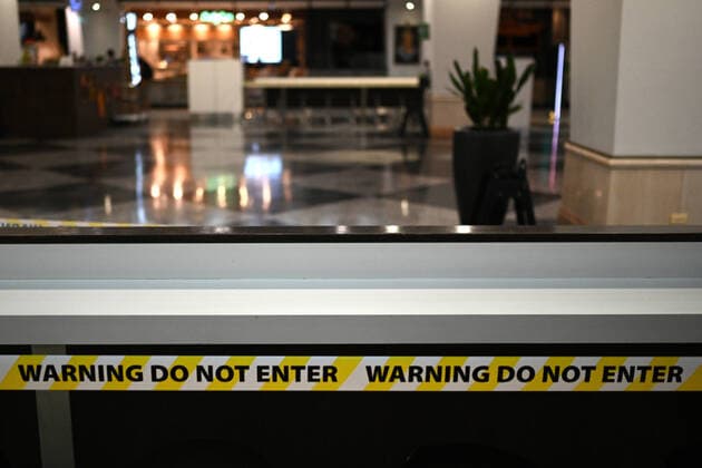 AUSTRALIA CORONAVIRUS COVID-19, The cordoned off and deserted food court at Westfield Sydney Shopping Centre in Pitt Street, Sydney, Wednesday, March 25, 2020. The Federal Government has ordered all food courts to close for dinning in purposes but businesses can still sell take away in an effort to contain the COVID-19 Coronavirus Pandemic. ( NO ARCHIVING, EDITORIAL USE ONLY, NO USE IN BOOKS WITHOUT CONSENT SYDNEY NSW AUSTRALIA  Copyright: xDEANxLEWINSx 20200325001459434242