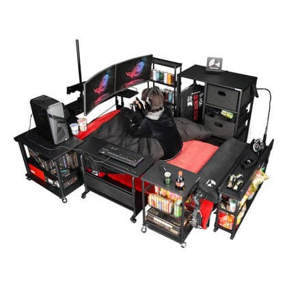 March 25, 2020: A Japanese furniture company have created the perfect coronavirus lockdown set-up with a gaming bed that has room for food and drinks...Video game addicts can now play, eat, drink and nap all without ever leaving their bed...The Ã‚Â£450 gaming bed by Bauhutte means gamers can play non-stop without having to leave for interruptions like eating or sleeping - only the call of nature might lure them away as the bed does not currently feature a bathroom... I wake up and move from my bed to my desk. Why is that so complicated? gaming furniture outfit Bauhutte says in promotions for the bed on its website... Gaming beds solve this problem. ..The bed comes with a desk that can support video screens, an elevating headboard and a headphone hanger...A metallic arm attached to the bed can mount a tablet screen above a person s fa - ZUMAc218 20200325_zia_c218_017 Copyright: xCOVERxImagesx