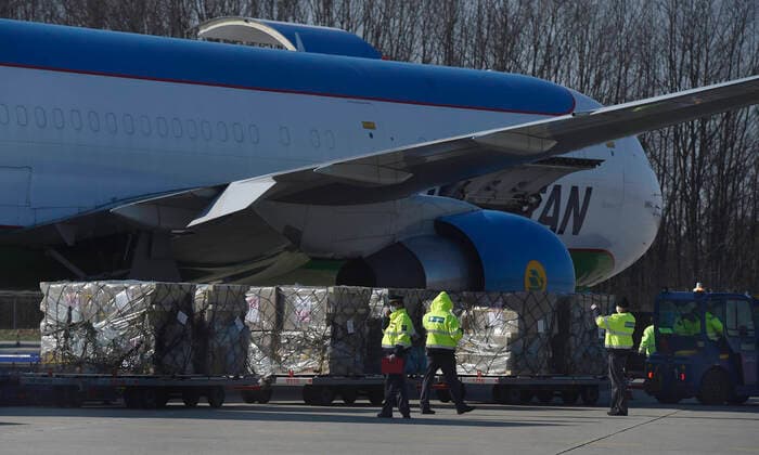 Aircraft landed at the Mosnov - Ostrava airport with supply of medical equipment from China aimed to help tackle the coronavirus epidemic in the Czech Republic, March 25, 2020. (CTKxPhoto JaroslavxOzana) CTKPhotoP202003250349701 JAO 08