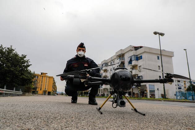 March 25, 2020, Naples, CAMPANIA, ITALY: 03 25 2020 Naples, Scampia district, the carabinieri and the helicopters department of Pontecagnano have presented the new drones that will serve for the control of the gatherings by citizens during the quarantine for the emergency from covid-19 virus Naples ITALY - ZUMAs236 20200325_zap_s236_023 Copyright: xFabioxSassox