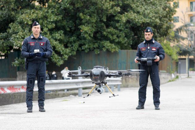 March 25, 2020, Naples, CAMPANIA, ITALY: 03 25 2020 Naples, Scampia district, the carabinieri and the helicopters department of Pontecagnano have presented the new drones that will serve for the control of the gatherings by citizens during the quarantine for the emergency from covid-19 virus Naples ITALY - ZUMAs236 20200325_zap_s236_049 Copyright: xFabioxSassox