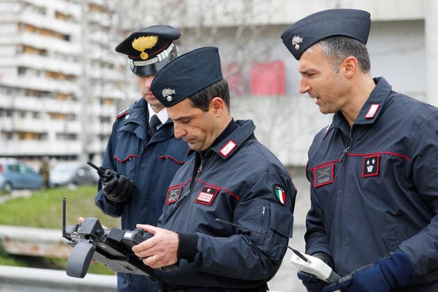 March 25, 2020, Naples, CAMPANIA, ITALY: 03 25 2020 Naples, Scampia district, the carabinieri and the helicopters department of Pontecagnano have presented the new drones that will serve for the control of the gatherings by citizens during the quarantine for the emergency from covid-19 virus Naples ITALY - ZUMAs236 20200325_zap_s236_062 Copyright: xFabioxSassox