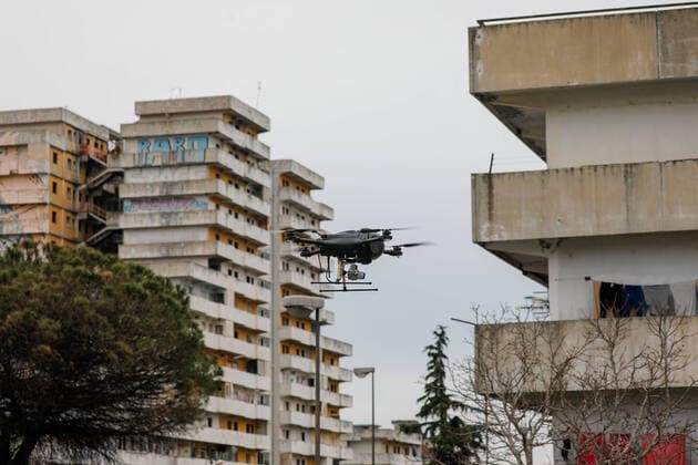 March 25, 2020, Naples, CAMPANIA, ITALY: 03 25 2020 Naples, Scampia district, the carabinieri and the helicopters department of Pontecagnano have presented the new drones that will serve for the control of the gatherings by citizens during the quarantine for the emergency from covid-19 virus Naples ITALY - ZUMAs236 20200325_zap_s236_063 Copyright: xFabioxSassox