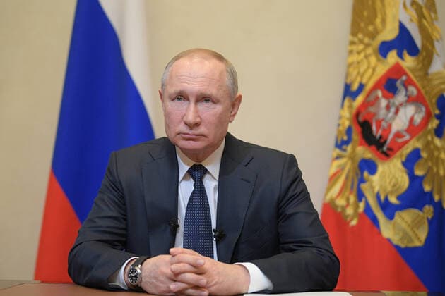 MOSCOW REGION, RUSSIA - MARCH 25, 2020: Russia s President Vladimir Putin addresses Russian citizens on the COVID-19 coronavirus situation at Novo-Ogaryovo residence. Alexei Druzhinin Russian Presidential Press and Information Office TASS  TS0D356D