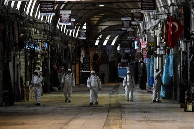 Staff members disinfect historical Grand Bazaar, in Istanbul, Turkey, on March 25, 2020. Turkey has confirmed 44 death and 1,874 positive cases of the coronavirus infection in the country. ( Copyright: CanxOzerx-xDepoxPhotos 16705183