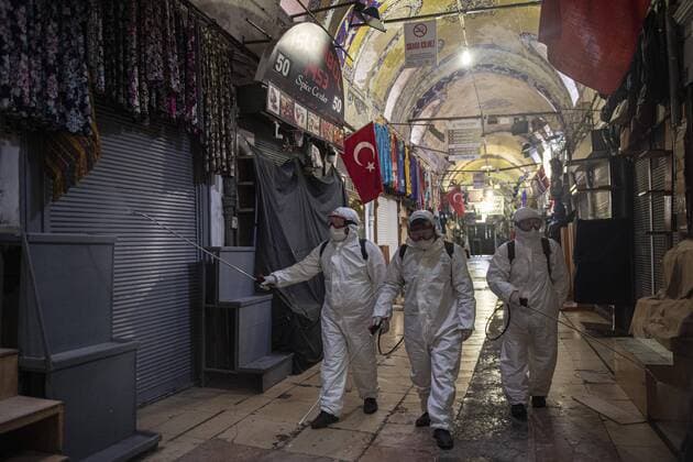 Staff members disinfect historical Grand Bazaar, in Istanbul, Turkey, on March 25, 2020. Turkey has confirmed 44 death and 1,874 positive cases of the coronavirus infection in the country. (Akin Celiktas- Depo Photos) Copyright: AkinxCeliktasx-xDepoxPhotos 16705205