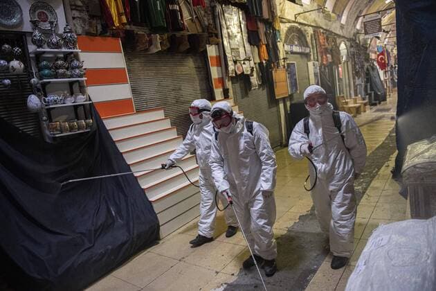 Staff members disinfect historical Grand Bazaar, in Istanbul, Turkey, on March 25, 2020. Turkey has confirmed 44 death and 1,874 positive cases of the coronavirus infection in the country. (Akin Celiktas- Depo Photos) Copyright: AkinxCeliktasx-xDepoxPhotos 16705206