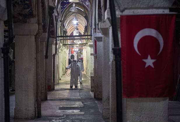 Staff members disinfect historical Grand Bazaar, in Istanbul, Turkey, on March 25, 2020. Turkey has confirmed 44 death and 1,874 positive cases of the coronavirus infection in the country. (Akin Celiktas- Depo Photos) Copyright: AkinxCeliktasx-xDepoxPhotos 16705219