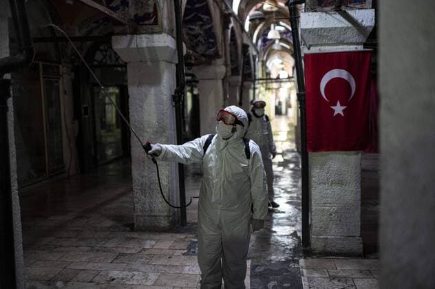 Staff members disinfect historical Grand Bazaar, in Istanbul, Turkey, on March 25, 2020. Turkey has confirmed 44 death and 1,874 positive cases of the coronavirus infection in the country. (Akin Celiktas- Depo Photos) Copyright: AkinxCeliktasx-xDepoxPhotos 16705226
