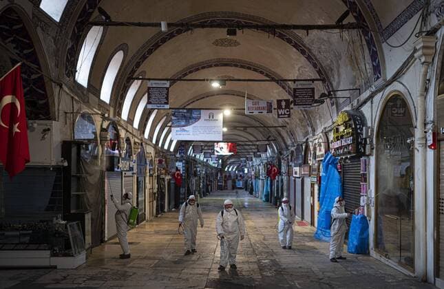Staff members disinfect historical Grand Bazaar, in Istanbul, Turkey, on March 25, 2020. Turkey has confirmed 44 death and 1,874 positive cases of the coronavirus infection in the country. (Akin Celiktas- Depo Photos) Copyright: AkinxCeliktasx-xDepoxPhotos 16705227