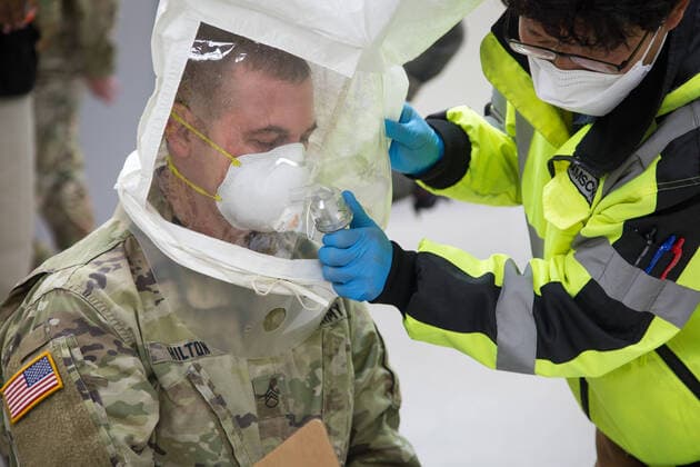 March 24, 2020, Waegwan, South Korea: A U.S. Army soldier has a respirator fit test during sanitization training to contain the outbreak of COVID-19 at Camp Carroll March 24, 2020 in Waegwan, South Korea. Waegwan South Korea - ZUMAp138 20200324_zaa_p138_051 Copyright: xHaydenxHallman Planetpixx