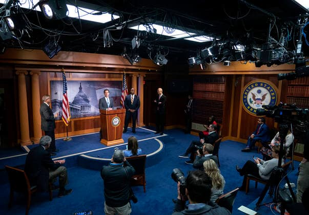 United States Senator Ben Sasse (Republican of Nebraska), alongside United States Senator Lindsey Graham (Republican of South Carolina), United States Senator Tim Scott (Republican of South Carolina), and United States Senator Rick Scott (Republican of Florida), speaks during a news conference at the United States Capitol in Washington D.C., U.S. on Wednesday, March 25, 2020. The Senators are calling for a correction to a supposed drafting error in the Coronavirus Stimulus Package that the Senate was set to vote on today, stating it incentivizes unemployment. Copyright: xStefanixReynoldsx