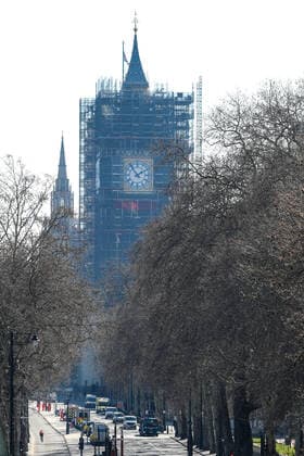 A general view of the city of London from the Golden Jubilee Bridge looking Big Ben Clock Tower, Wednesday, March 25, 2020. British lawmakers voted to shut down Parliament for 4 weeks, due to the coronavirus outbreak. The new coronavirus causes mild or moderate symptoms for most people, but for some, especially older adults and people with existing health problems, it can cause more severe illness or death. (Photo Vudi Xhymshiti)  iMagoVX